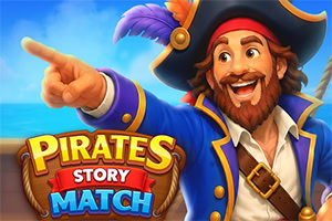 Pirata sonriente con sombrero negro y pluma morada señalando junto a un cofre con el texto Pirates Story Match