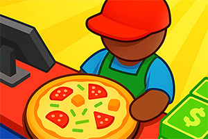 Persona con uniforme rojo y azul sirviendo una pizza en un mostrador junto a una caja registradora y billetes verdes