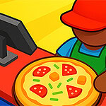 Persona con uniforme rojo y azul sirviendo una pizza en un mostrador junto a una caja registradora y billetes verdes