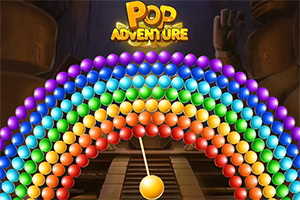 Arcoíris de bolas de colores sobre un cañón dorado apuntando a filas de esferas, con el texto Pop Adventure en la parte superior