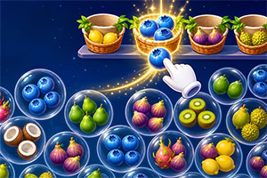 Canasta de frutas y burbujas brillantes con arándanos, peras, mangostanes y cítricos sobre fondo azul oscuro