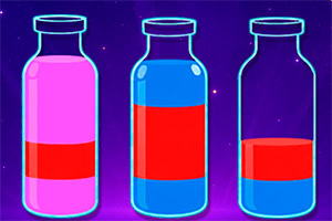 Tres frascos de vidrio con líquidos rosa, rojo y azul sobre un fondo morado brillante