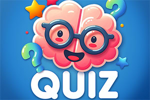 Cerebro caricaturesco sonriente con gafas, signos de interrogación y la palabra QUIZ sobre fondo azul