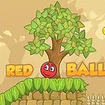 Imagen de un videojuego con una pelota roja sonriente, bandera naranja y árbol verde