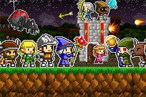 Personajes pixelados con trajes medievales defendiendo una torre de piedra mientras una araña gigante se aproxima y cae una lluvia de meteoritos en un paisaje nocturno