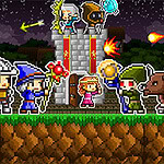 Personajes pixelados con trajes medievales defendiendo una torre de piedra mientras una araña gigante se aproxima y cae una lluvia de meteoritos en un paisaje nocturno