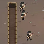 Imagen de un videojuego con tres ninjas escalando paredes enfrentadas