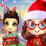 Muñecas animadas con ropa navideña, una lleva un gorro de Santa Claus, en un fondo festivo con un muñeco de nieve