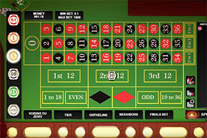 Tabla de ruleta con números rojos y negros, opciones de apuesta y botones de control