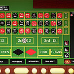 Tabla de ruleta con números rojos y negros, opciones de apuesta y botones de control