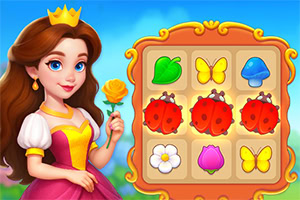 Princesa con vestido rosa y corona sosteniendo una rosa amarilla junto a un tablero de juego con iconos de hojas, mariposas, mariquitas, hongos y flores