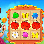 Princesa con vestido rosa y corona sosteniendo una rosa amarilla junto a un tablero de juego con iconos de hojas, mariposas, mariquitas, hongos y flores