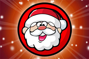 Dibujo animado de Santa Claus sonriendo con fondo rojo brillante y luces destellantes