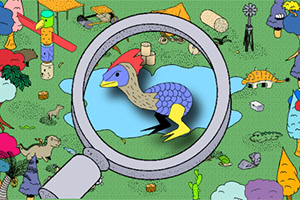 Ilustración de un pato en un estanque con lupa en un fondo de objetos y animales coloridos