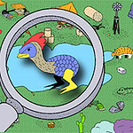 Ilustración de un pato en un estanque con lupa en un fondo de objetos y animales coloridos