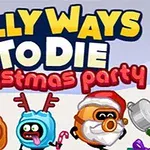 Logotipo colorido del juego Silly Ways to Die: Christmas Party con personajes animados festivos