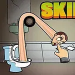 Caricatura con un hombre de cuello largo recogiendo papel de un inodoro, en una escena titulada SKIBIDI Elastic Head