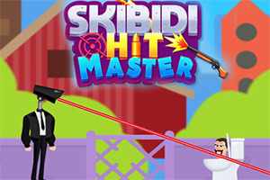 Imagen de un juego llamado Skibidi Hit Master mostrando un personaje de videojuego con sombrero, traje y gafas apuntando con un arma láser a un hombre en un inodoro en un