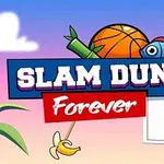 Logotipo colorido de Slam Dunk Forever con un pez naranja y una pelota de baloncesto sobre un fondo de cielo y canasta de baloncesto