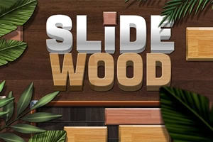 Letras 3D SLIDE WOOD sobre fondo de madera oscura con tablas deslizantes y hojas tropicales
