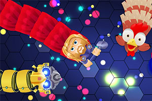 Ilustración de un astronauta infantil y un pollo en el espacio con un fondo de mosaico azul y elementos futuristas