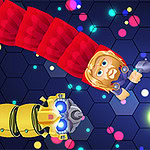 Ilustración de un astronauta infantil y un pollo en el espacio con un fondo de mosaico azul y elementos futuristas