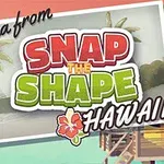 Postal promocional de un juego llamado Snap the Shape Hawaii con palmeras y una cabaña