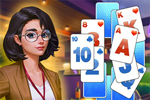 Mujer con gafas junto a una mesa con cartas de póker apiladas, incluyendo ases, reyes, jotas y dieces