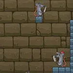 Murciélago púrpura y ratones grises en un juego de plataformas con bloques de piedra