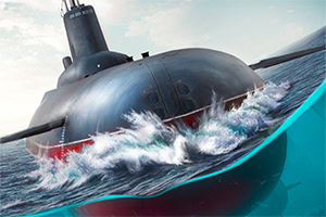 Submarino negro emergiendo entre olas agitadas, con una franja turquesa diagonal en primer plano