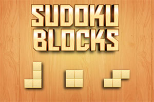 Texto Sudoku Blocks en letras doradas sobre un fondo de madera con tres bloques de piezas tipo puzzle