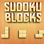 Texto Sudoku Blocks en letras doradas sobre un fondo de madera con tres bloques de piezas tipo puzzle