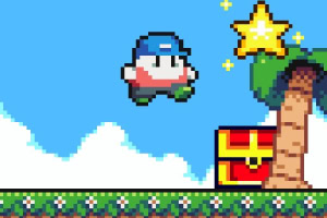 Escena de videojuego en estilo pixelado con un personaje volador azul, una estrella brillante y un cofre del tesoro junto a una palmera