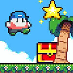 Escena de videojuego en estilo pixelado con un personaje volador azul, una estrella brillante y un cofre del tesoro junto a una palmera