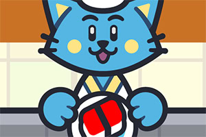 Dibujo animado de un gato azul sosteniendo un balón de voleibol