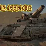 Tanque futurista en un desierto con el texto TANK ATTACK en la parte superior