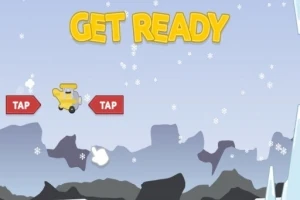 Pantalla de videojuego con mensaje GET READY, botones de TAP y un camión amarillo volando entre montañas y nubes