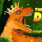 Ilustración de un dinosaurio naranja con una corona en un bosque, título The Dino King