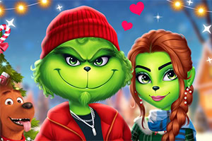 Ilustración de Grinch y una compañera femenina posando juntos bajo luces navideñas con un perro sonriente de fondo