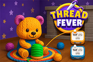 Oso de peluche tejido con ovillos de lana y teléfonos sobre una alfombra colorida, junto al texto THREAD FEVER