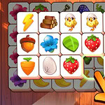 Tile Matcher: Triple Fun Juego de combinar íconos con imágenes de frutas, vegetales y elementos de granja en una interfaz de madera con una mano tocando la pantalla