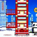 Panda pixelado junto a una torre roja en un entorno urbano de estilo retro en videojuego