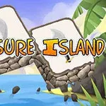 Logo del videojuego Treasure Island con un diseño de piedras y fondo de isla tropical