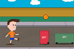 Niño corriendo hacia una pelota cerca de contenedores de reciclaje en un juego de puntuación