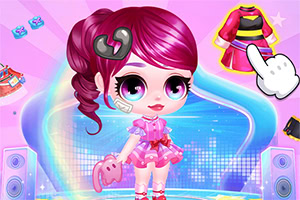 Muñeca de estilo anime con cabello rosa en un escenario colorido, rodeada de accesorios de moda y música