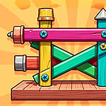 Unscrew Them All Estructura de bloques de construcción de madera multicolor sobre un fondo naranja