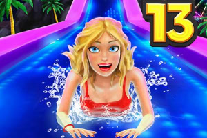 Mujer rubia dibujada en un tobogán de agua azul con vegetación tropical y el número 13