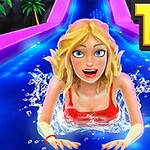 Mujer rubia dibujada en un tobogán de agua azul con vegetación tropical y el número 13