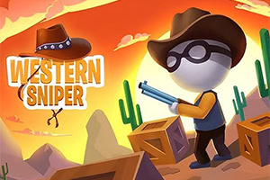 Imagen de un personaje de videojuego estilo caricatura, un francotirador con sombrero de vaquero en un desierto con cactus, del juego Western Sniper