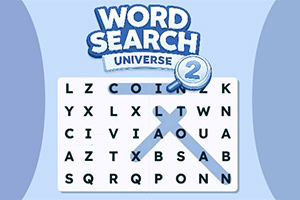 Logotipo azul de Word Search Adventures 2 sobre una cuadrícula de letras con una lupa azul